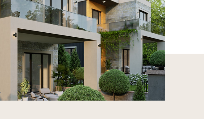 Modern residential building with glass balconies and lush garden landscaping.